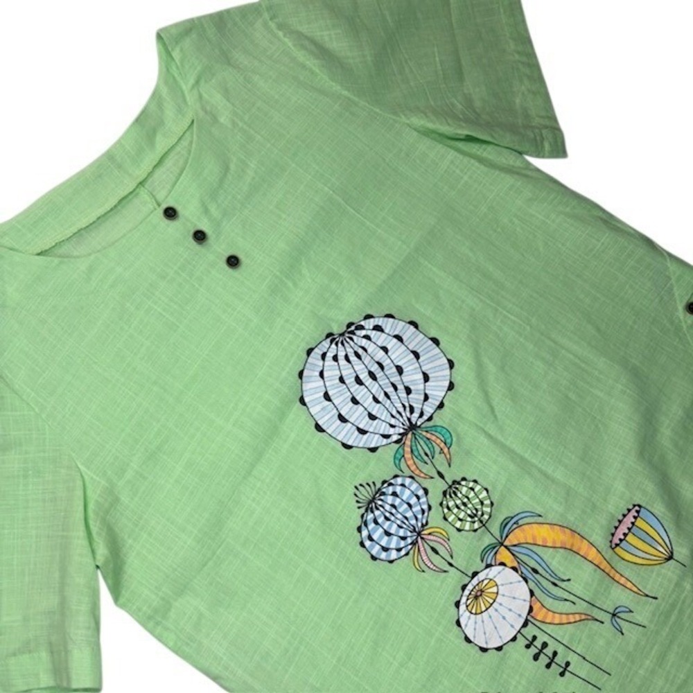 Women's 100% Cotton Lime Green Textured Blouse Floral Art Print Short Sleeve Top - Picture 2 of 12